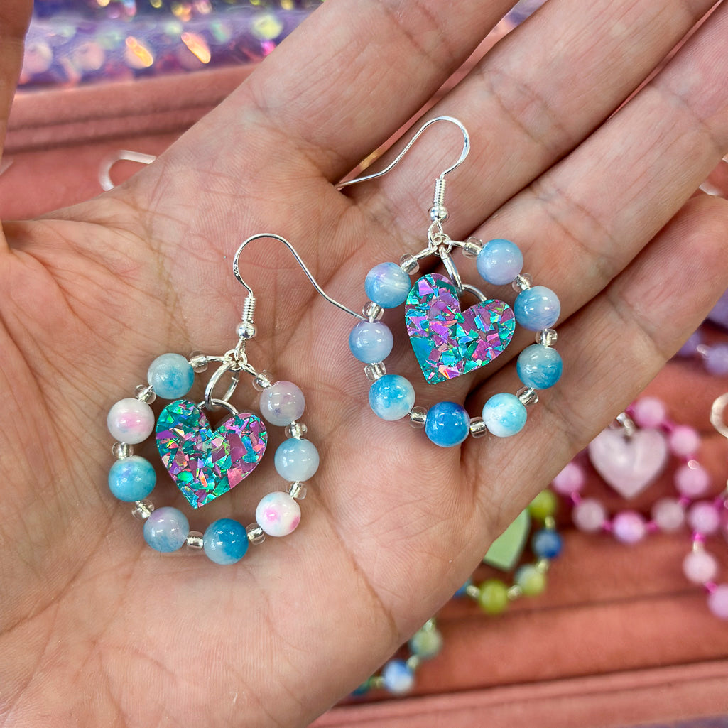 Beaded Crystal Heart Dangle Earrings