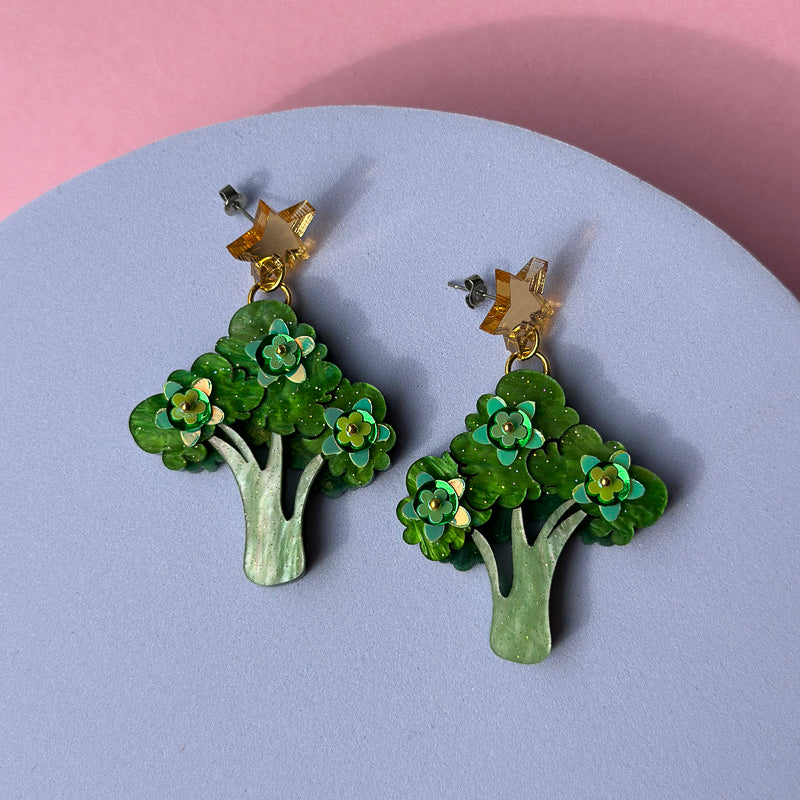 Embellished Broccoli Statement Dangle Earrings