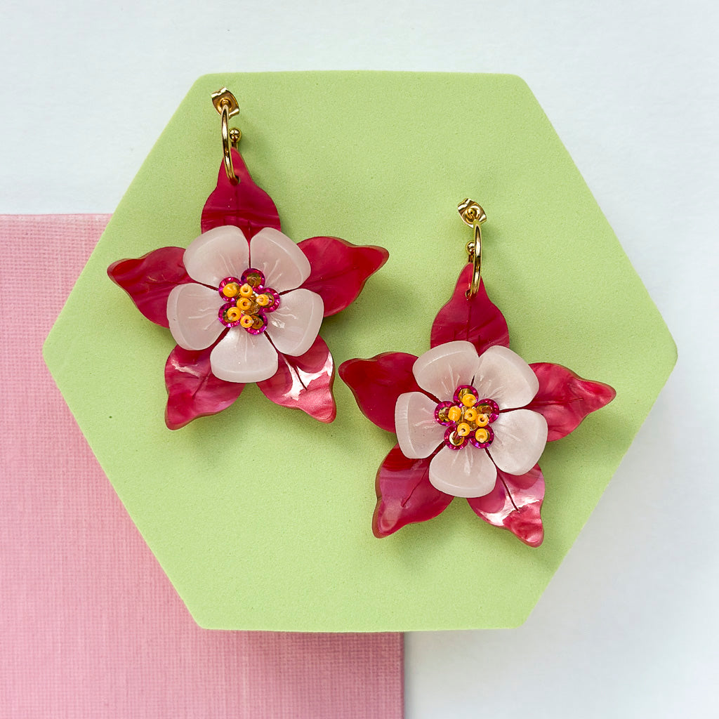 Columbine Flower Statement Dangle Earrings - Fuchsia