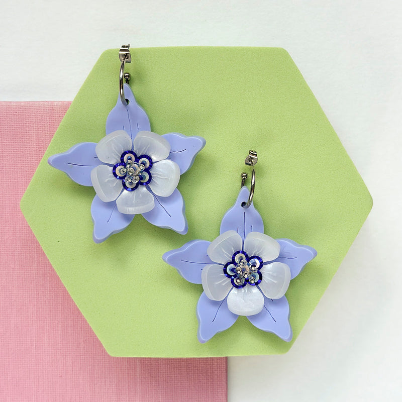 Columbine Flower Statement Dangle Earrings - Cornflower Blue