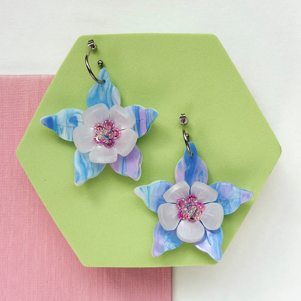 Columbine Flower Statement Dangle Earrings - Mauve Sky