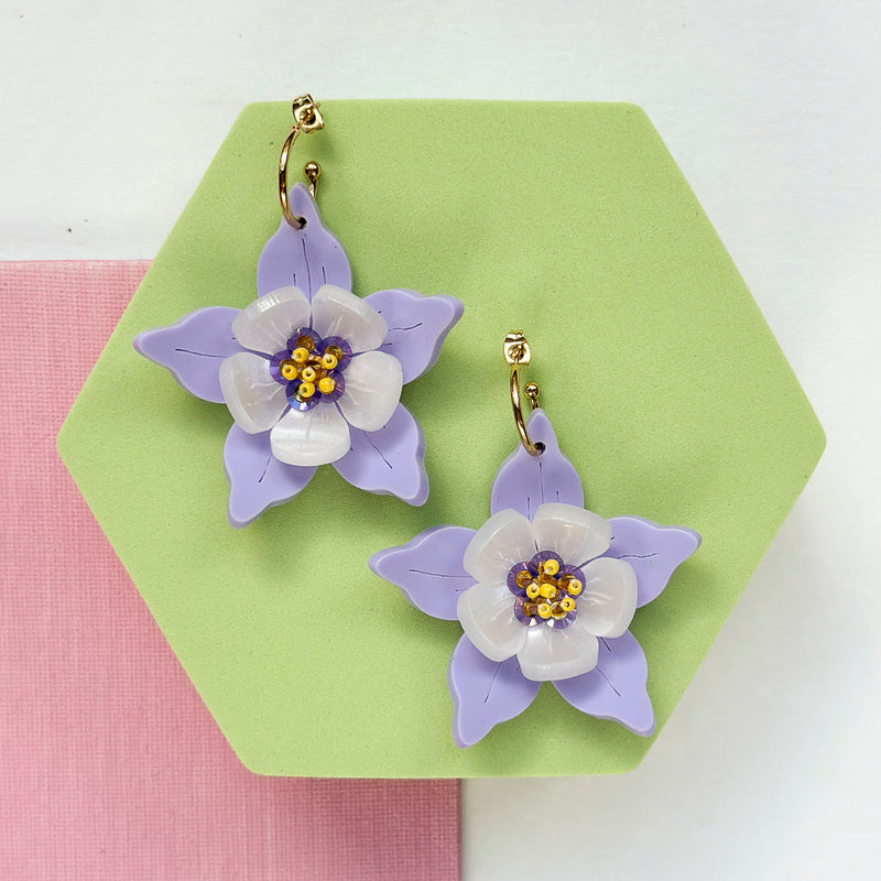 Columbine Flower Statement Dangle Earrings - Lilac