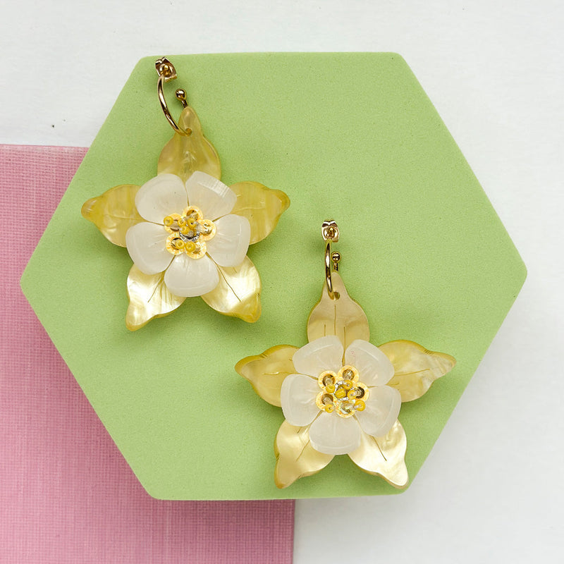 Columbine Flower Statement Dangle Earrings - Yellow