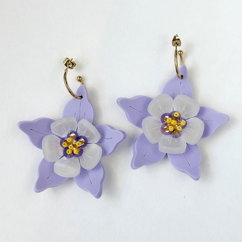 Columbine Flower Statement Dangle Earrings - Lilac