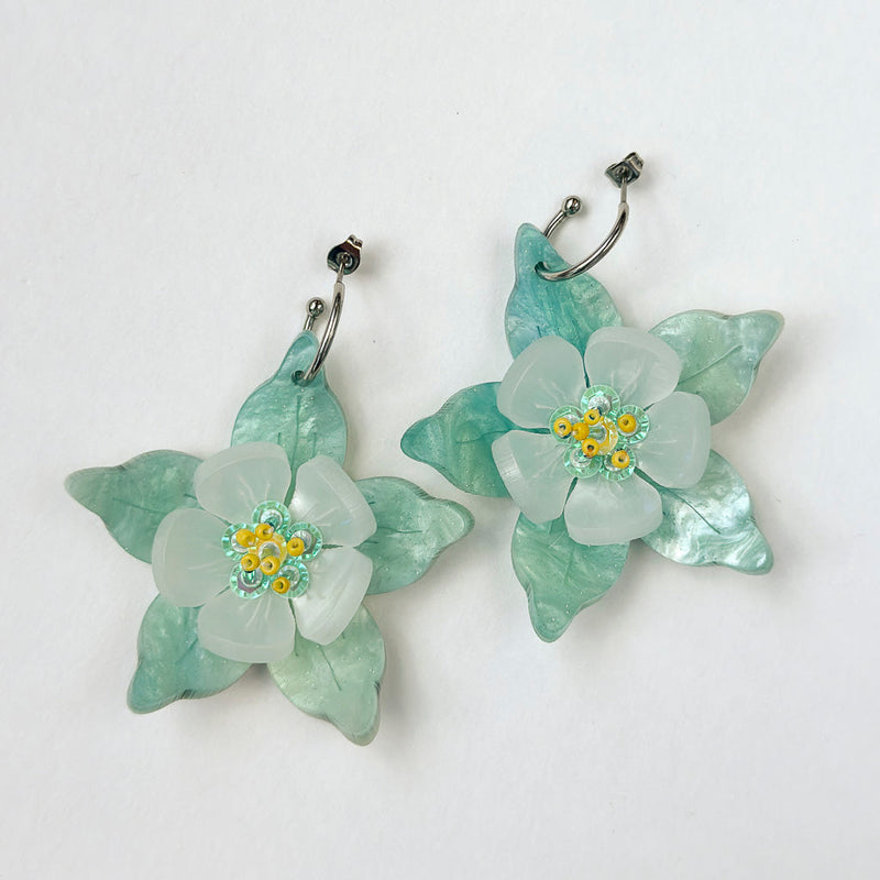 Columbine Flower Statement Dangle Earrings - Aquamarine