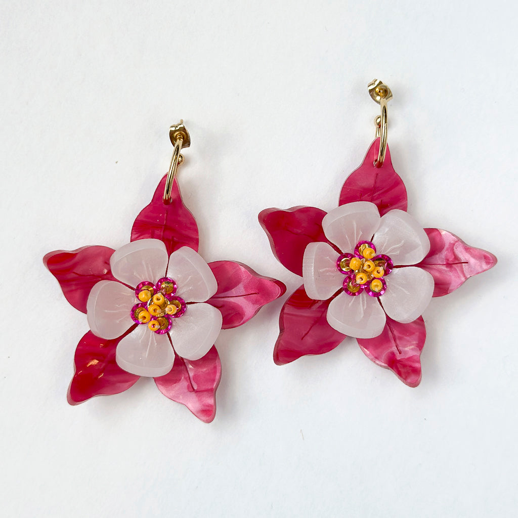 Columbine Flower Statement Dangle Earrings - Fuchsia