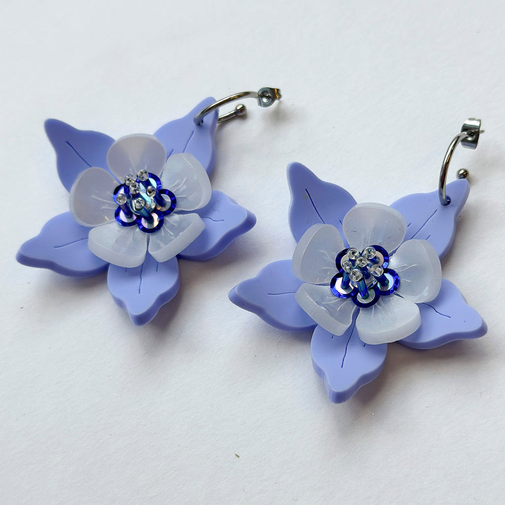 Columbine Flower Statement Dangle Earrings - Cornflower Blue