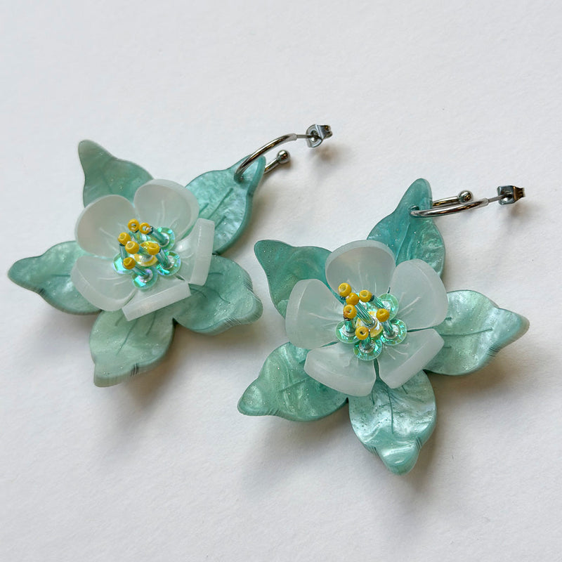 Columbine Flower Statement Dangle Earrings - Aquamarine