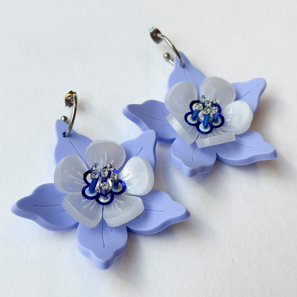 Columbine Flower Statement Dangle Earrings - Cornflower Blue