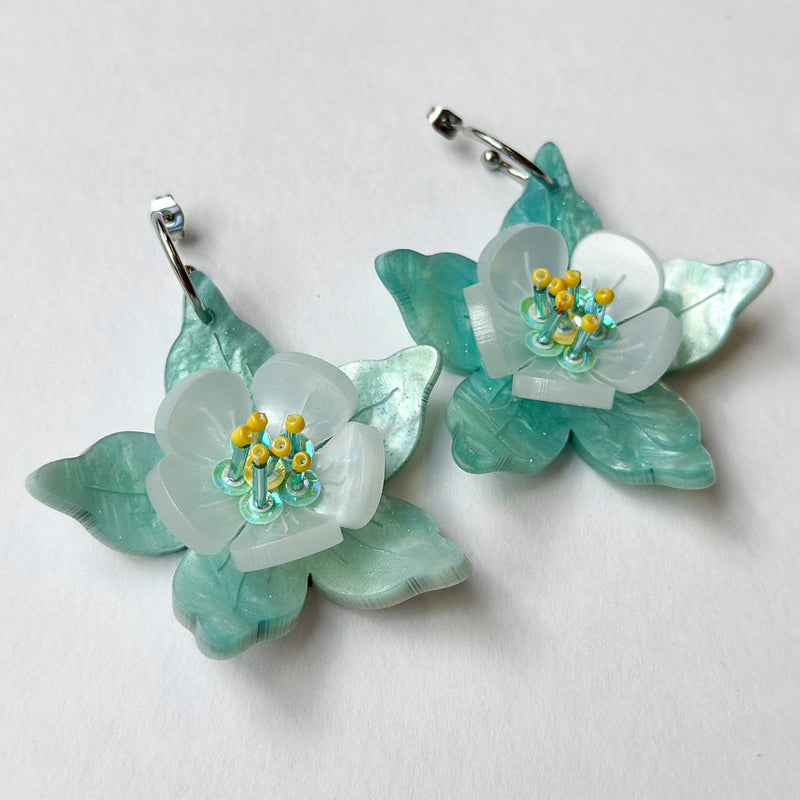 Columbine Flower Statement Dangle Earrings - Aquamarine