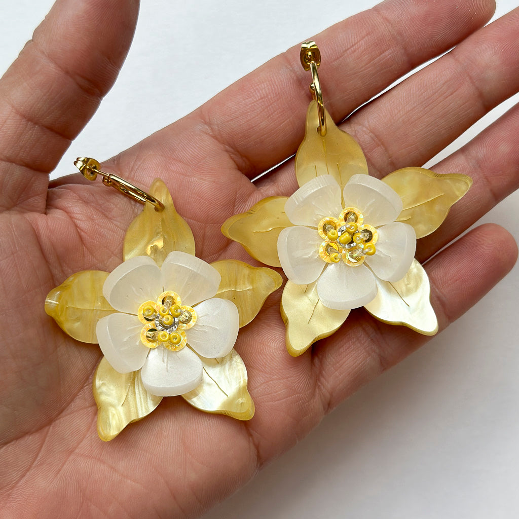 Columbine Flower Statement Dangle Earrings - Yellow