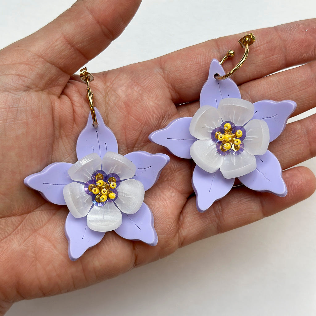 Columbine Flower Statement Dangle Earrings - Lilac