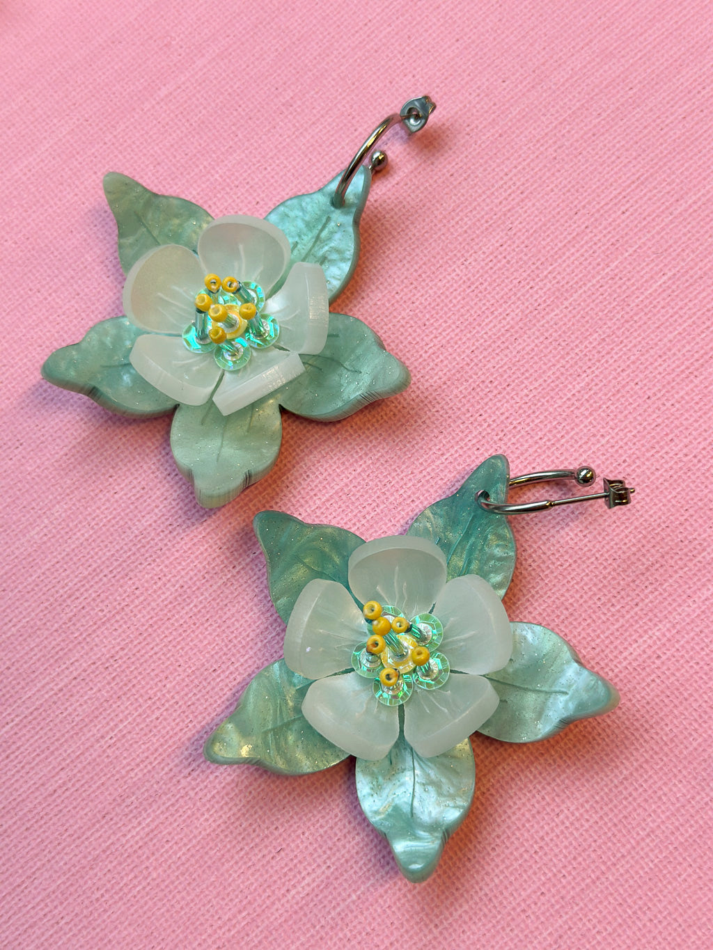 Columbine Flower Statement Dangle Earrings - Aquamarine