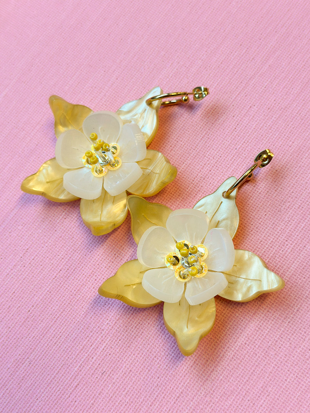 Columbine Flower Statement Dangle Earrings - Yellow