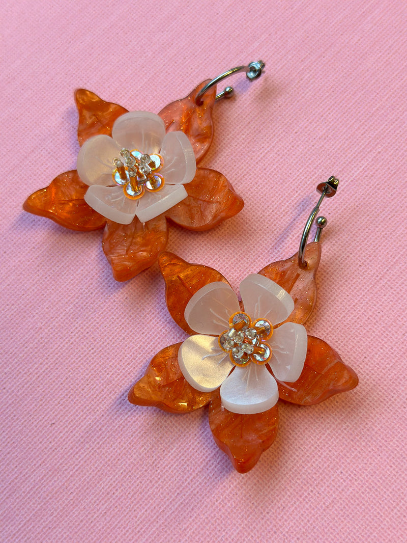 Columbine Flower Statement Dangle Earrings - Orange