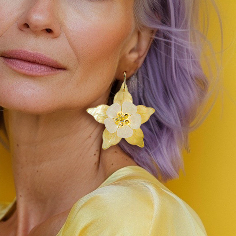 Columbine Flower Statement Dangle Earrings - Yellow