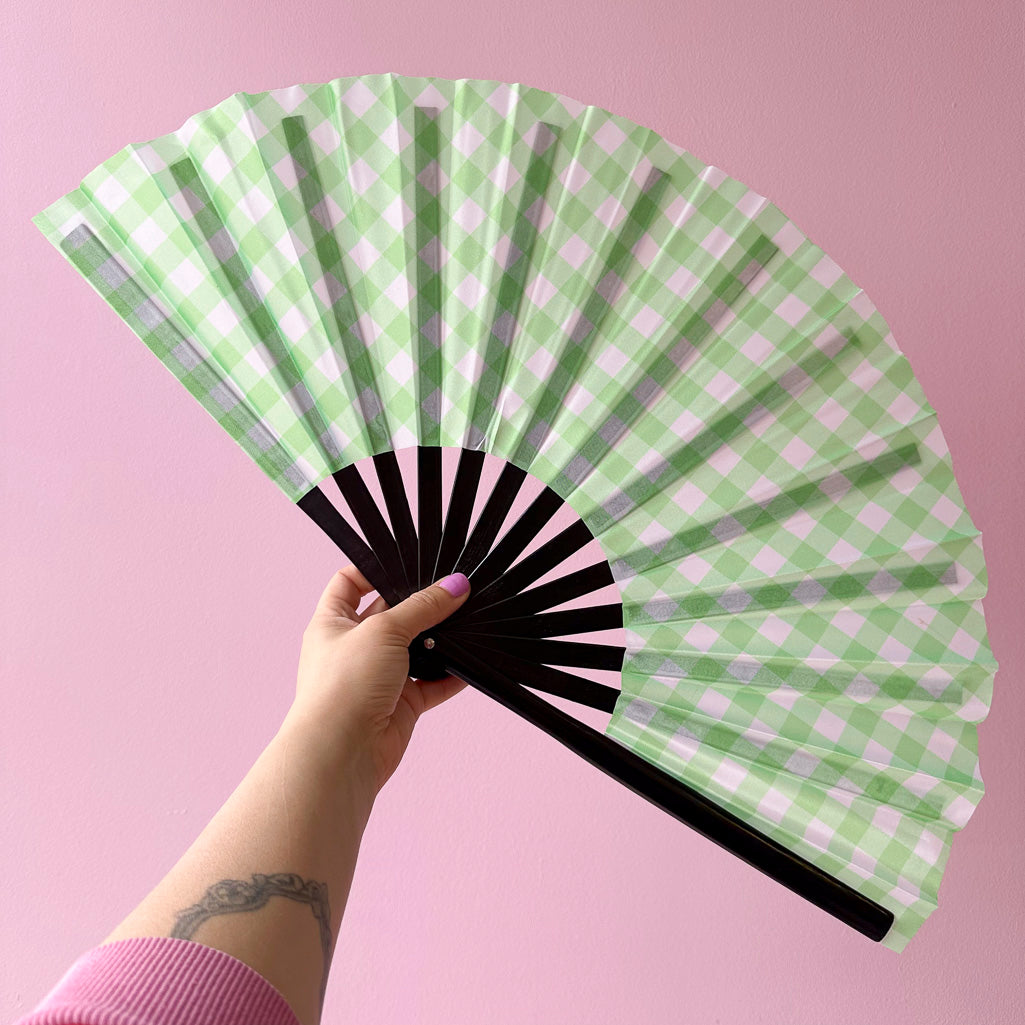 Giant Clacking Hand Fan with Lime Green Gingham print (Glows in UV!)