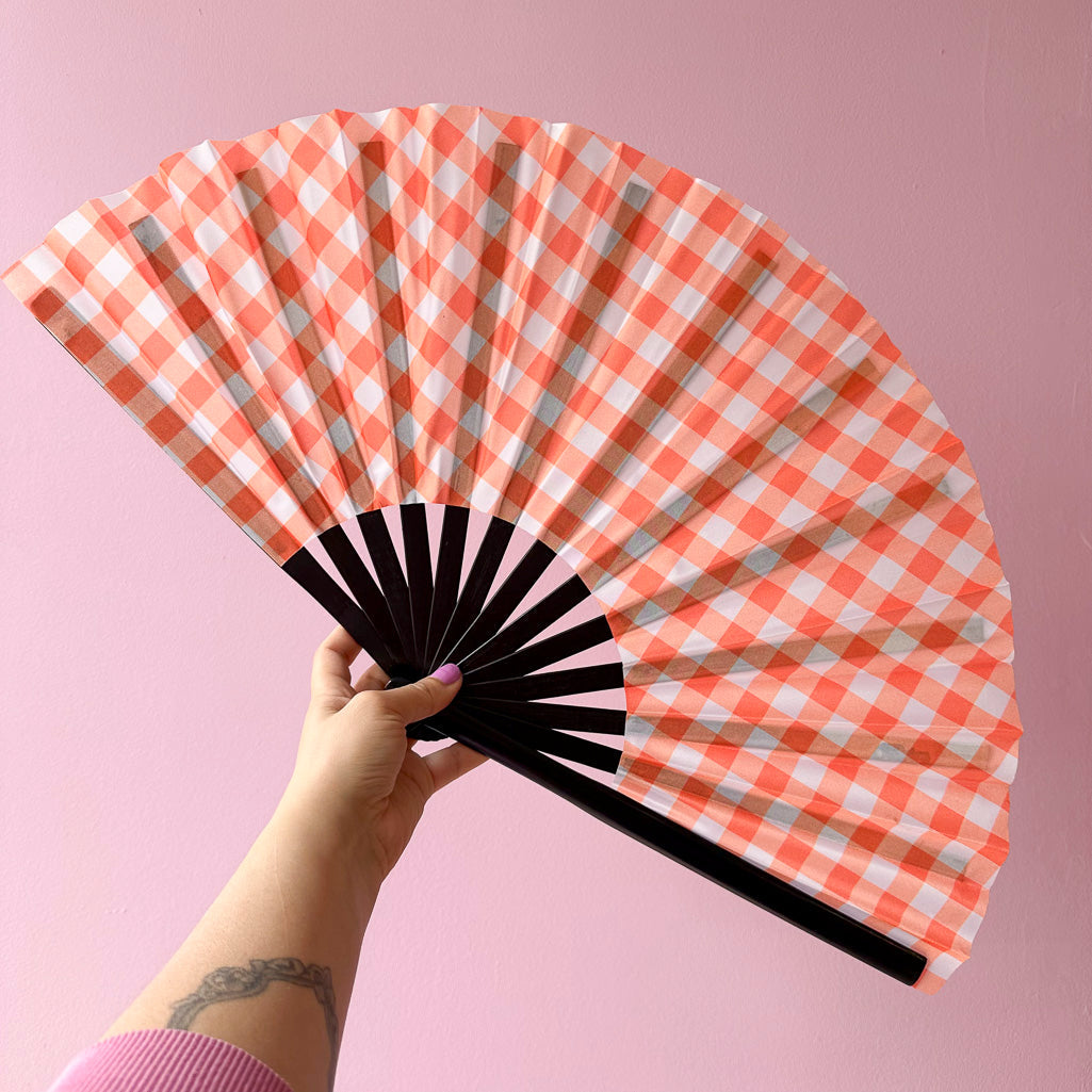 Giant Clacking Hand Fan with Orange Gingham print (Glows in UV!)