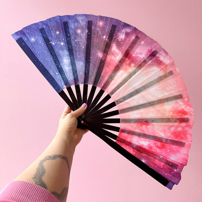 Giant Clacking Hand Fan with Pink & Blue Nebula print (Glows in UV!)