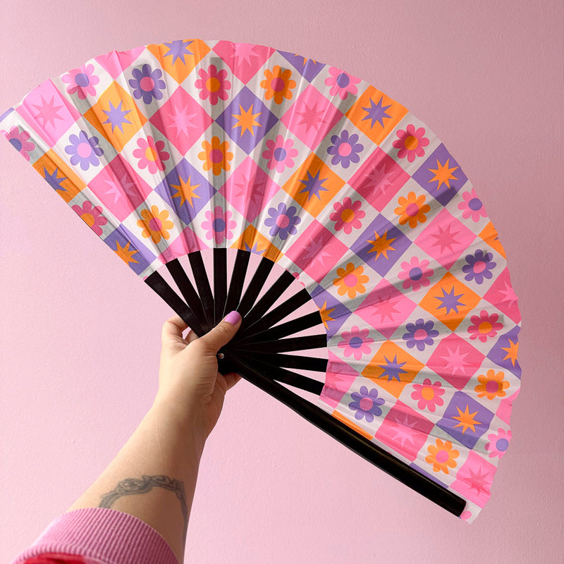 Giant Clacking Hand Fan with Retro Floral Squares print (Glows in UV!)