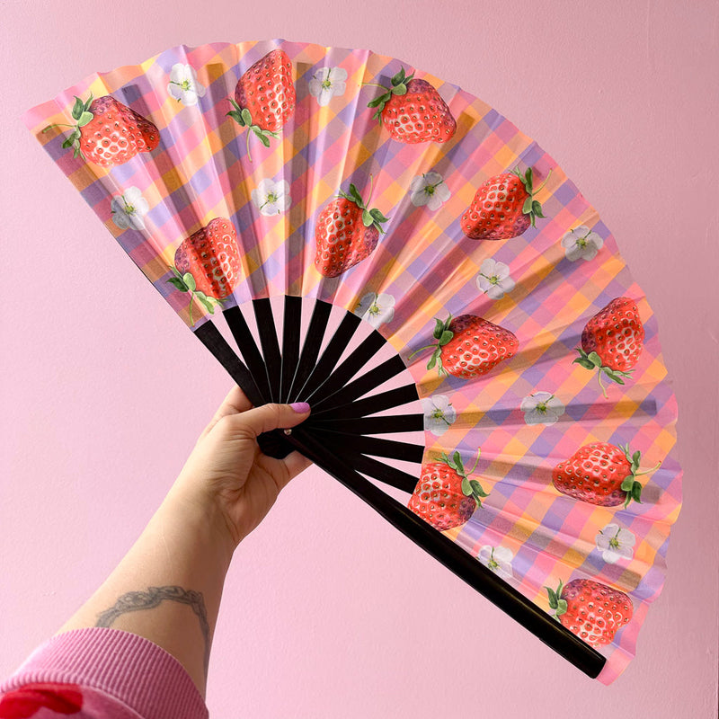 Giant Clacking Hand Fan with Strawberry Gingham print (Glows in UV!)