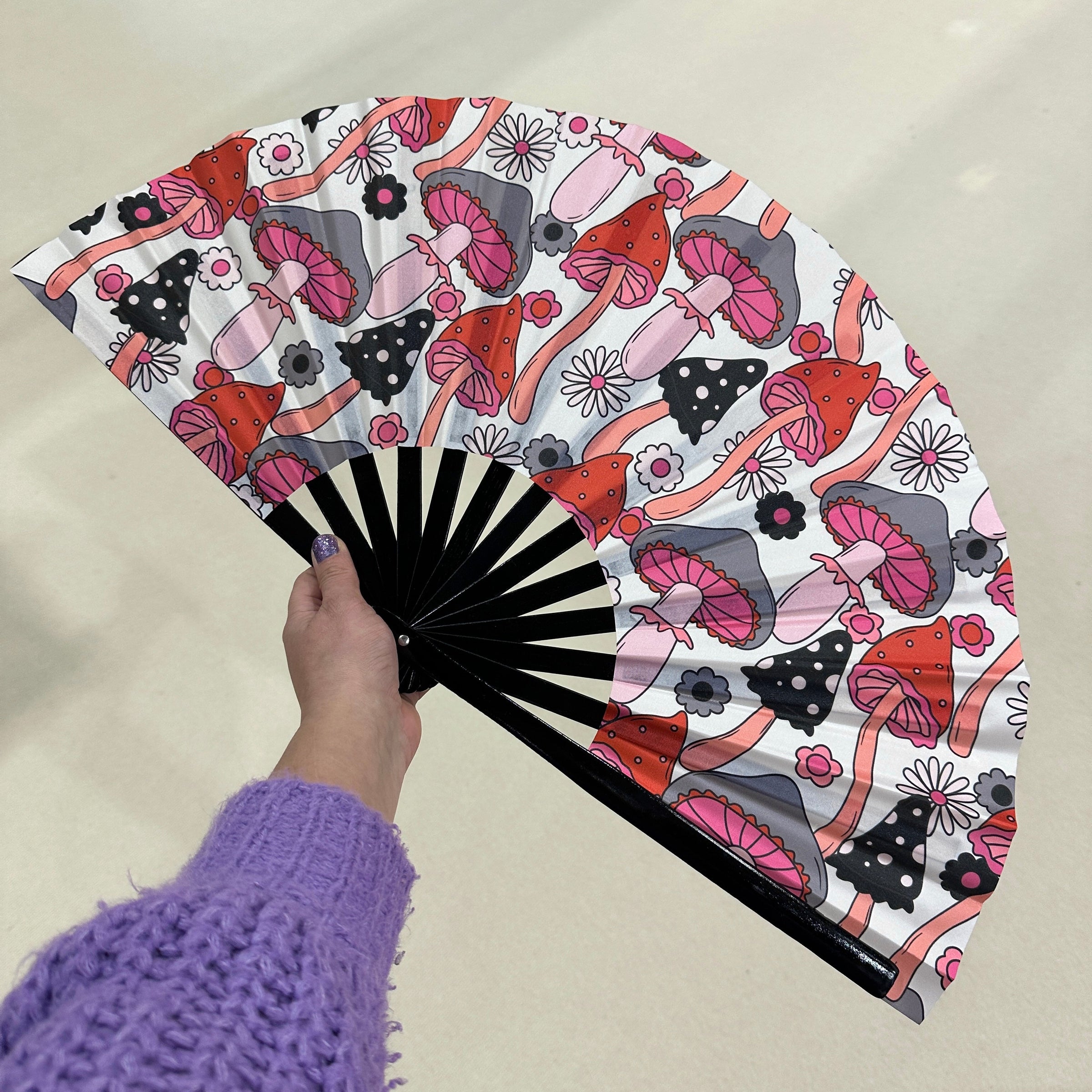 Giant Clacking Hand Fan with Red, Black & White Toadstools Print (Glows in UV!)