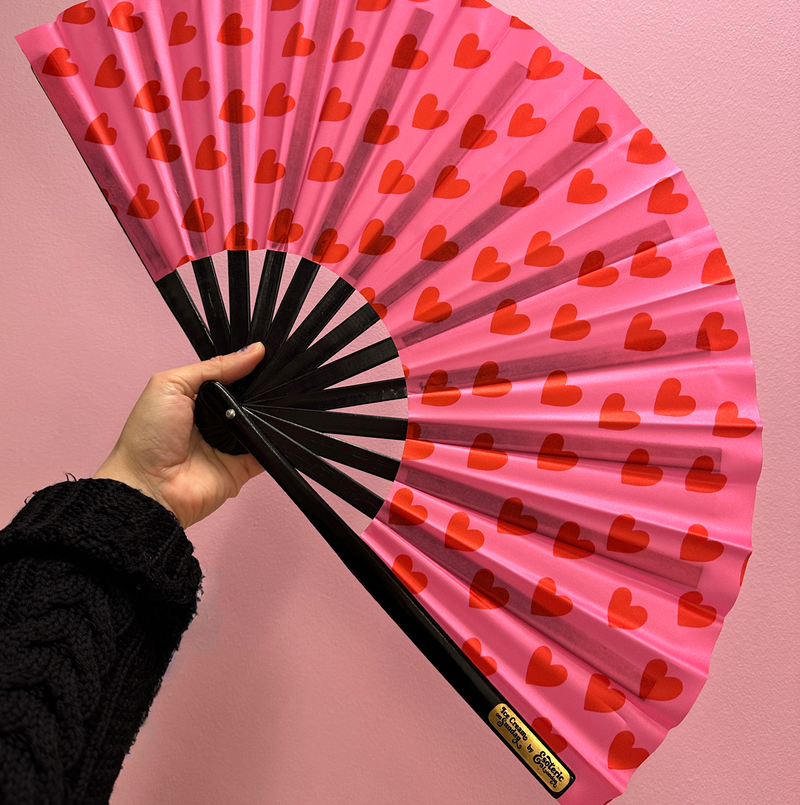 Giant Clacking Hand Fan with Pink & Red Hearts Print (Glows in UV!)