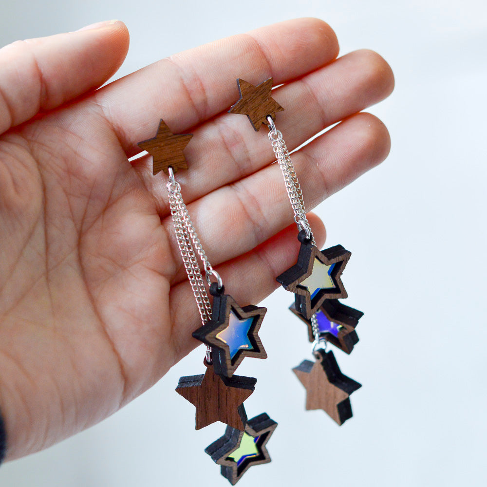 Iridescent Triple Star Dangle Stud Earrings