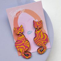 Patterned Wooden Cat Dangle Earrings