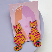 Patterned Wooden Cat Dangle Earrings