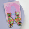 Patterned Wooden Cat Dangle Earrings