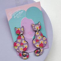 Patterned Wooden Cat Dangle Earrings