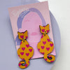 Patterned Wooden Cat Dangle Earrings