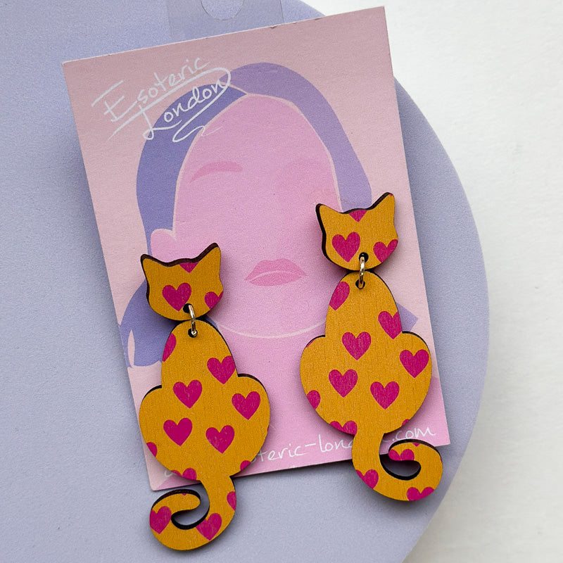 Patterned Wooden Cat Dangle Earrings