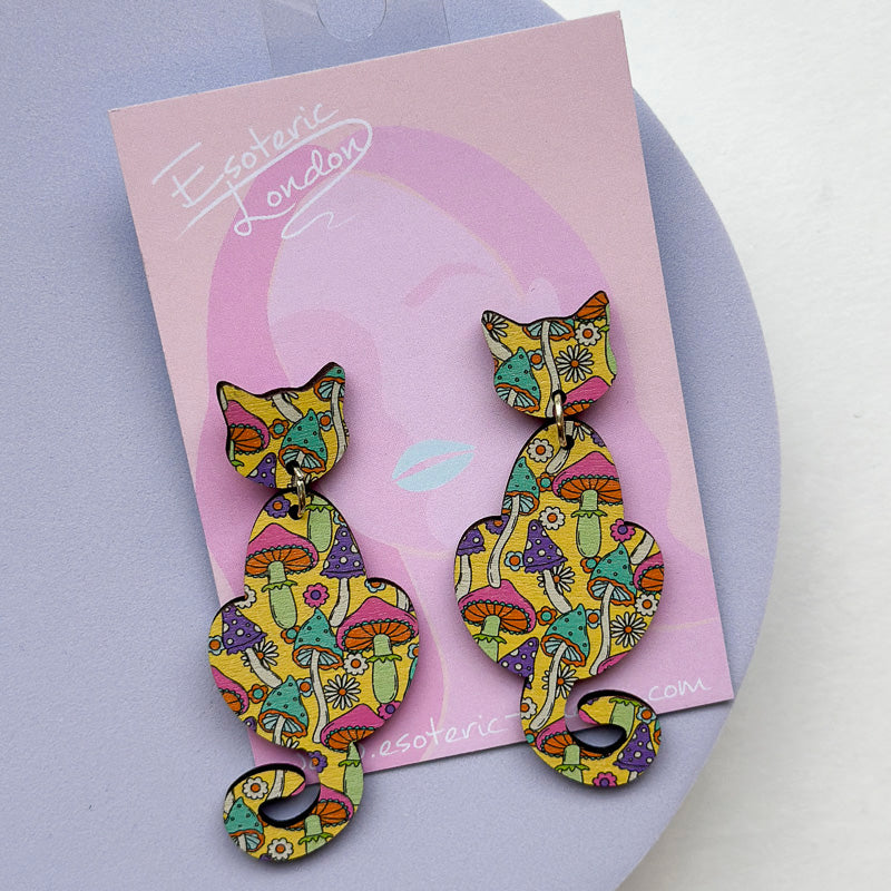 Patterned Wooden Cat Dangle Earrings