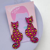 Patterned Wooden Cat Dangle Earrings