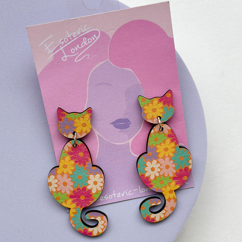 Patterned Wooden Cat Dangle Earrings