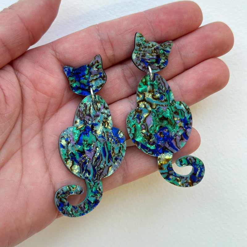 Abalone Cat Dangle Earrings