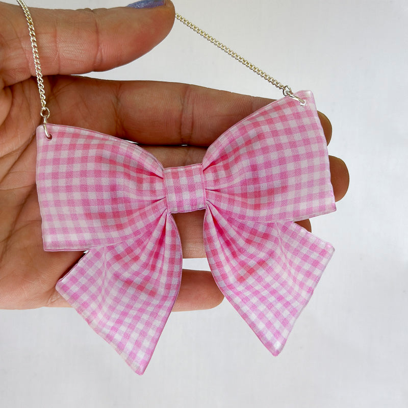 Gingham Bow Large Statement Necklace