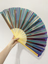 Iridescent Giant Hand Fan With Natural Bamboo Handle