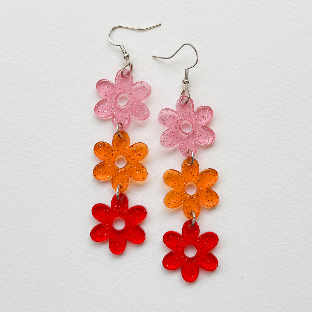 Glittery Flower Power Triple Dangle Earrings