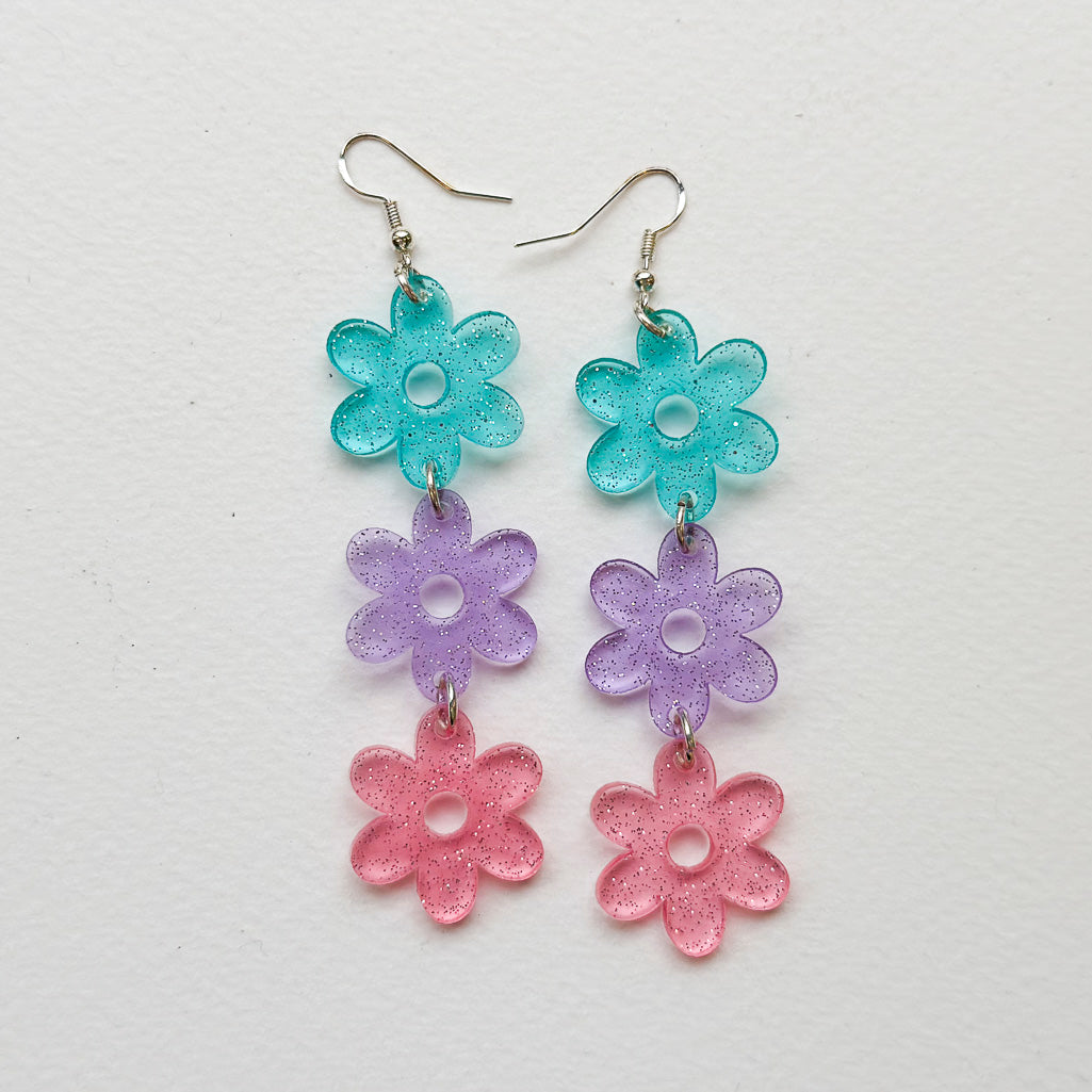 Glittery Flower Power Triple Dangle Earrings