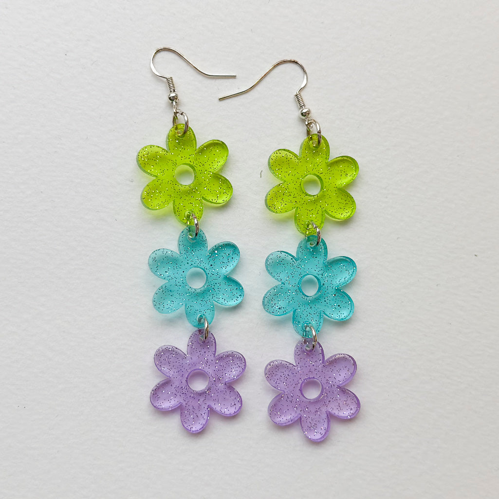 Glittery Flower Power Triple Dangle Earrings