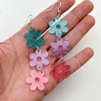 Glittery Flower Power Triple Dangle Earrings