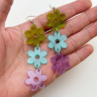 Glittery Flower Power Triple Dangle Earrings