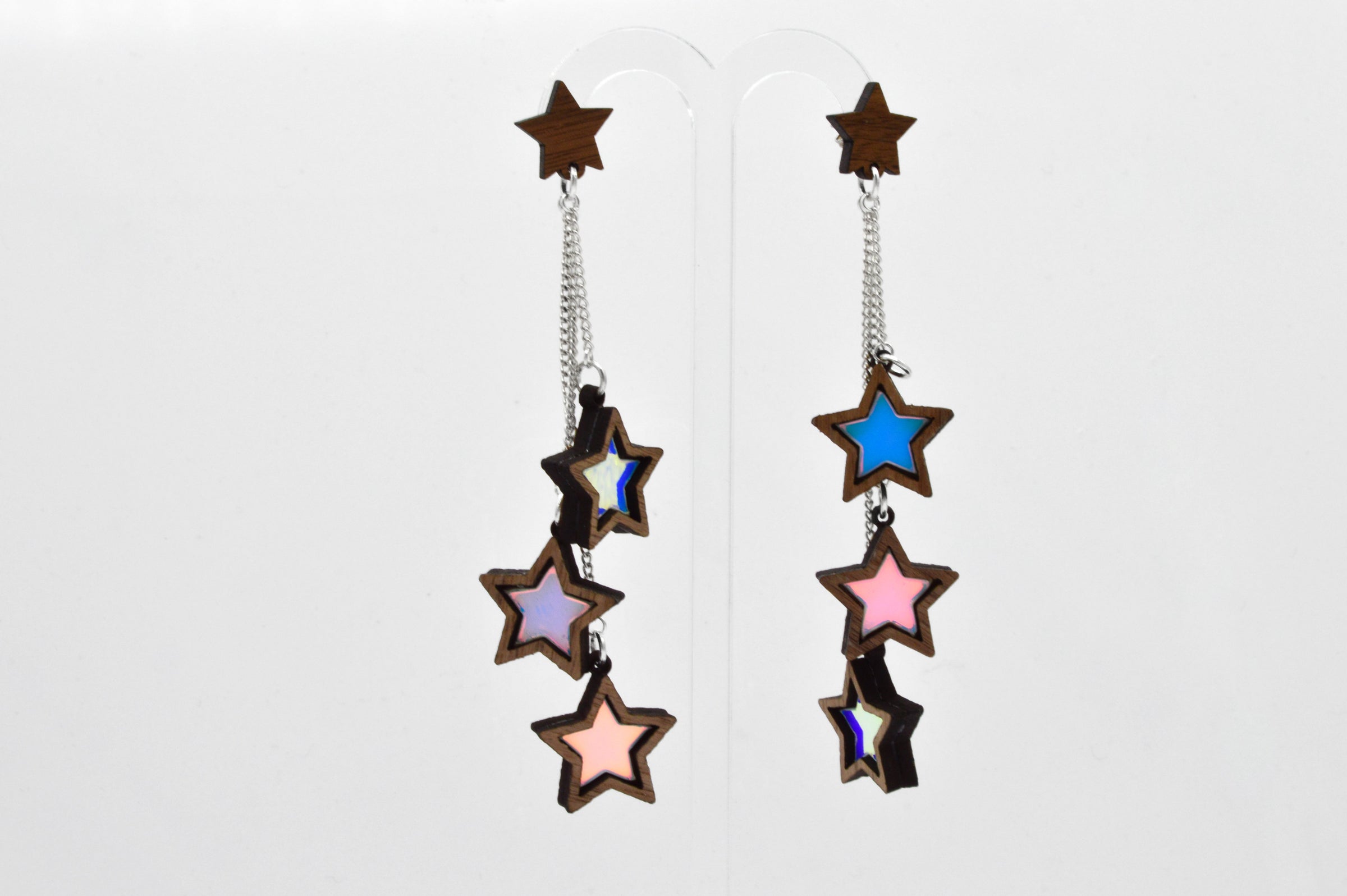 Iridescent Triple Star Dangle Stud Earrings