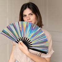 Giant Hand Fan With Black Bamboo Handle, Holographic Silver