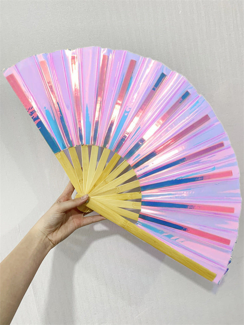 Iridescent Giant Hand Fan With Natural Bamboo Handle