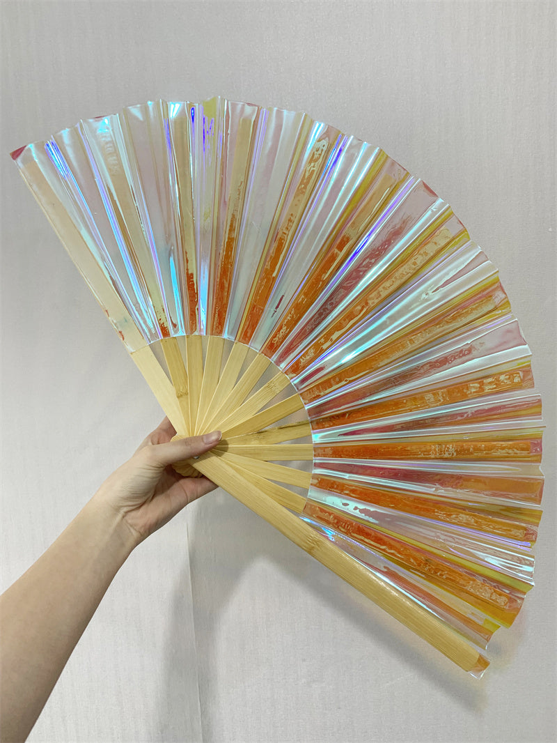 Iridescent Giant Hand Fan With Natural Bamboo Handle